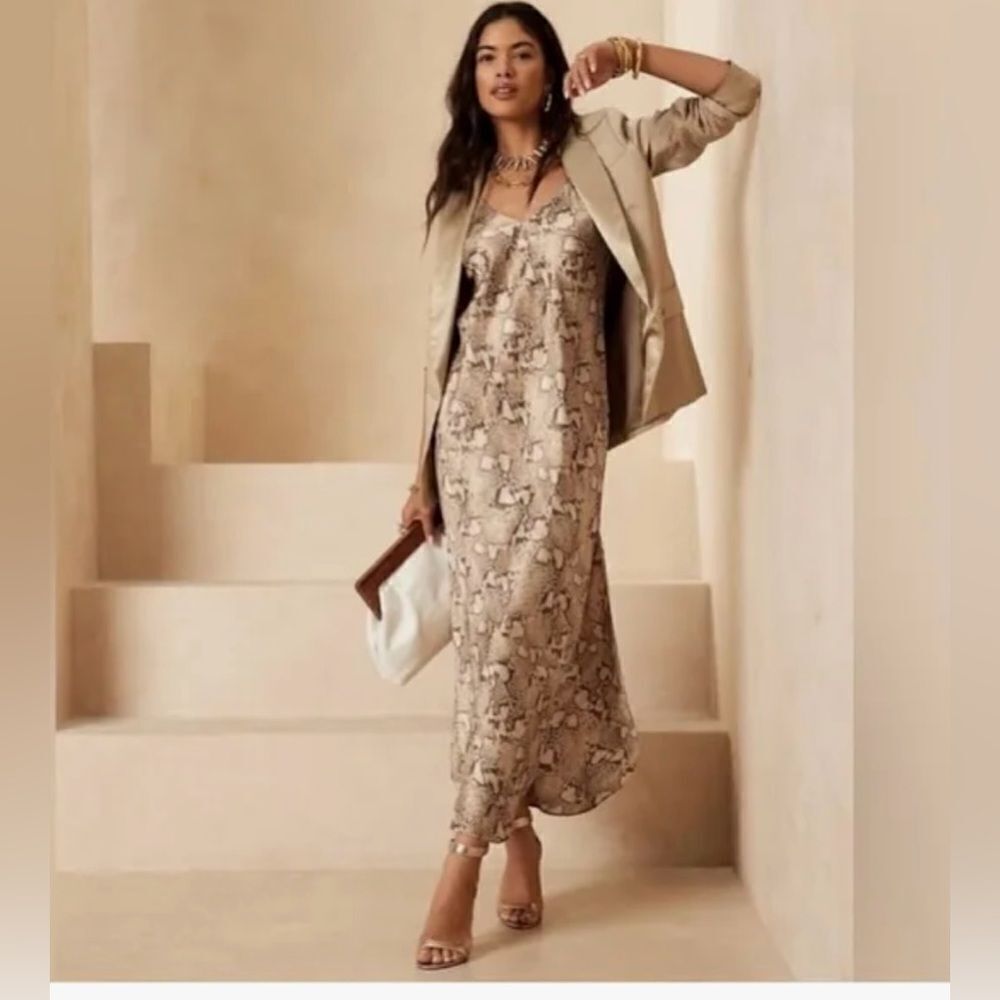 Banana Republic Cream and Tan silk snake skin print Maxi Dress size XL-Tall - Picture 3 of 11